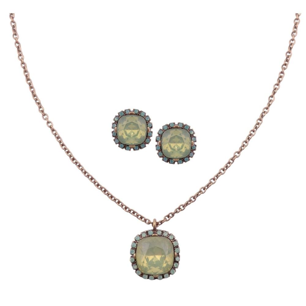 Rain Cushion Cut Yellow & Pacific Opal Crystal Goldtone Earring Necklace Set NEW